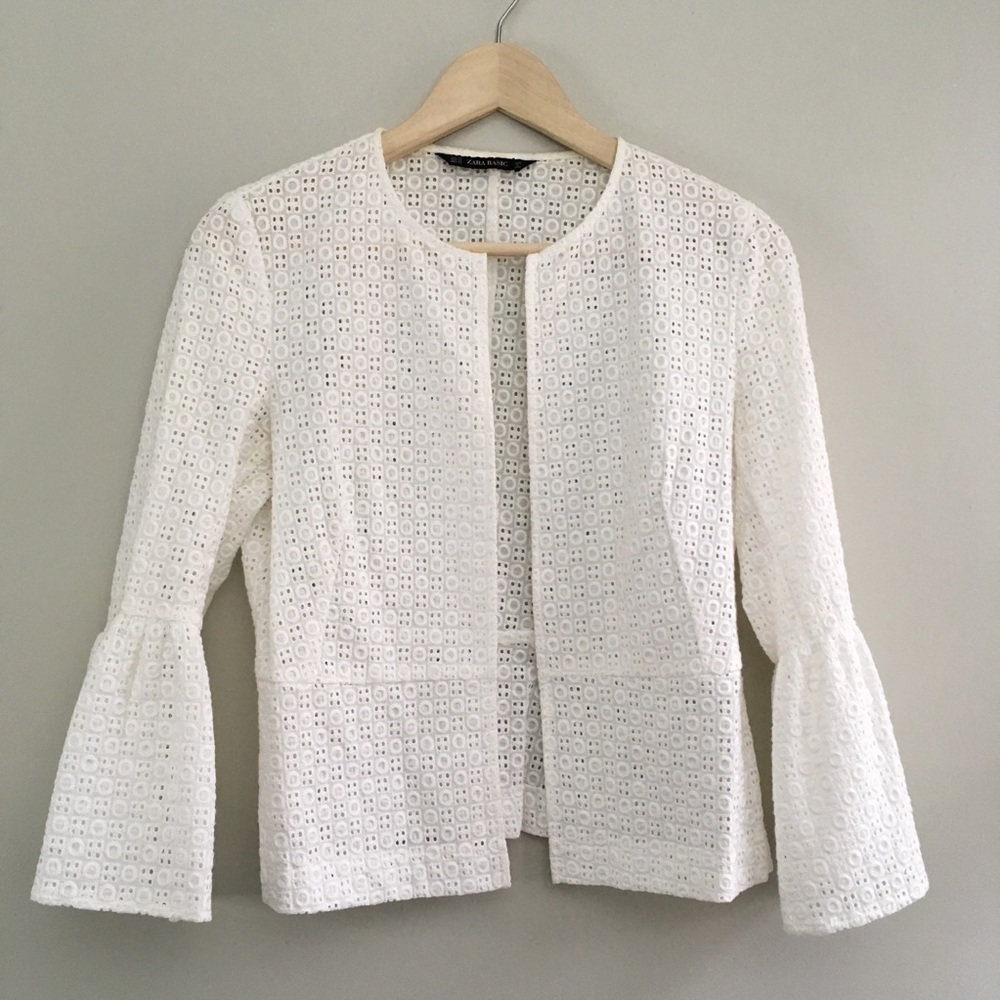 Zara White Eyelet Lace Open Jacket Bell Sleeves